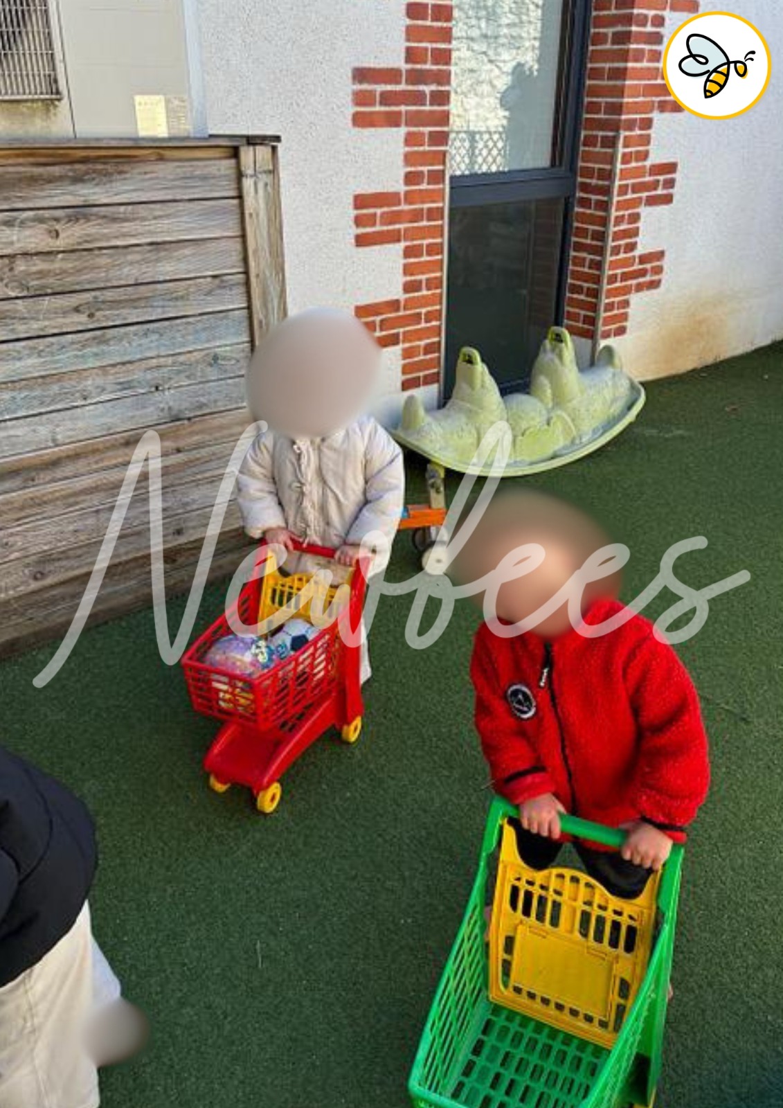 Enfants jouant avec des chariots dehors